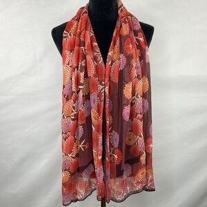 Brooks Brothers 100% Silk Burgundy Autumn Floral Sheer Classic Rolled Hem Scarf
